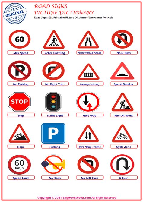 Road Signs Esl Printable Picture Dictionary Worksheet For Kids Image