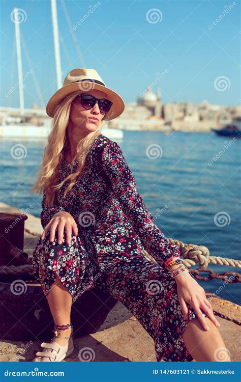 Mediterranean Woman Posing At Pier In On Seashore Stock Image Image