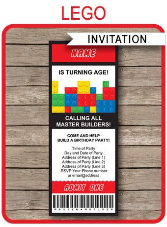 lego ticket invitations birthday party template