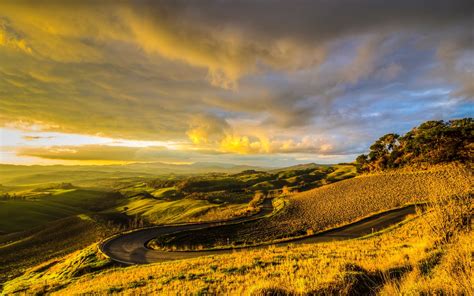 Nature Italy Hill Sunlight Field Road Clouds Trees Tuscany