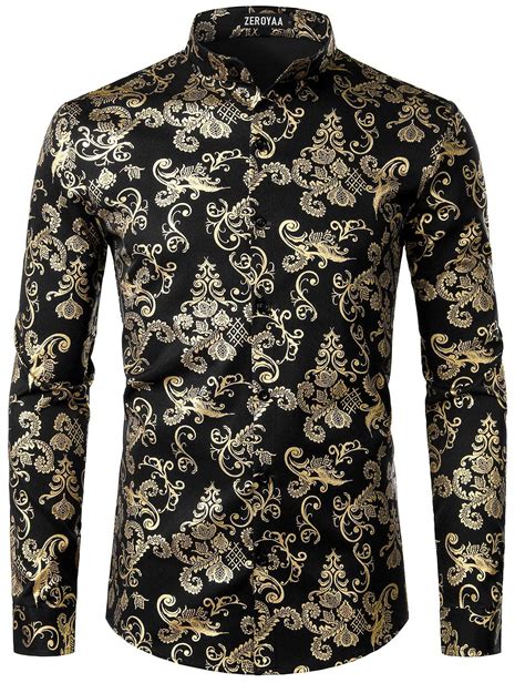Buy Zeroyaa Mens Luxury Shiny Golden Print Design Slim Fit Long Sleeve