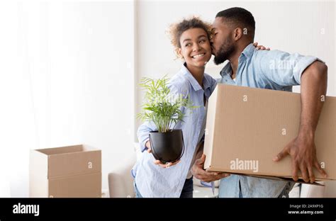 Afro Husband Kissing Wife In Cheek Holding Moving Box Indoor Stock