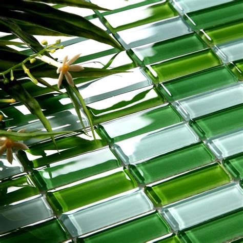 Crystal Glass Tile Brick Strip Kitchen Backsplash Tiles Green Glass Mosaic Wall Stickers