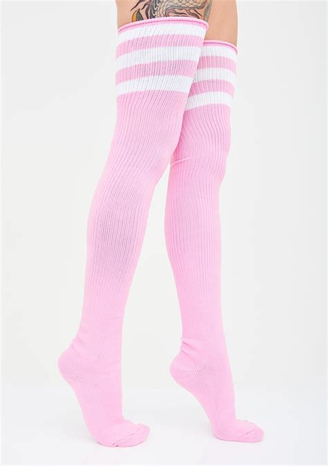 Three Stripe Thigh High Socks Athletic Pink Dolls Kill