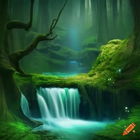 A Magical Forest With Waterfalls And Rivers