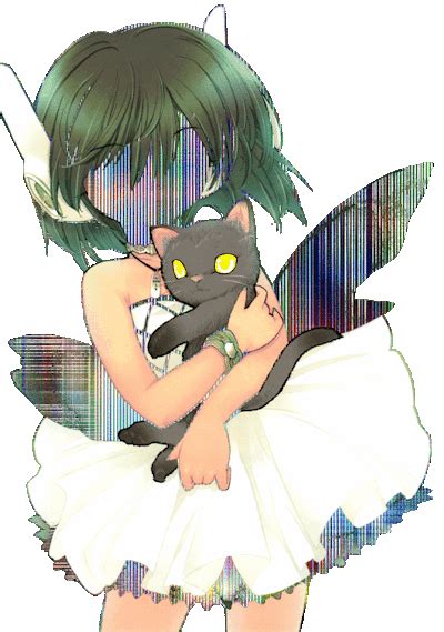A Woman In A White Dress Holding A Black Cat With Green Hair And Yellow