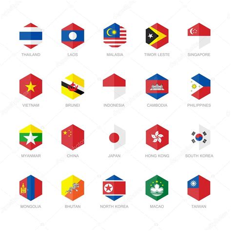 East Asia And South East Asia Flag Icons Hexagon Flat Vector Design