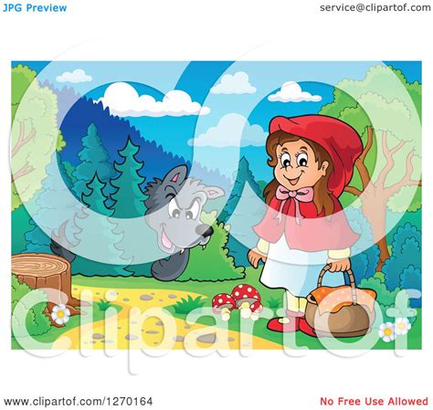 Clipart Of A Big Bad Wolf Watching Little Red Riding Hood In The Woods Royalty Free Vector
