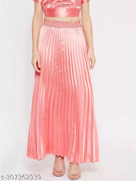Women Peach Solid Accordion Pleated Maxi Skirt