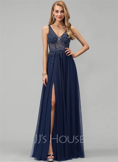 A Line V Neck Floor Length Tulle Prom Dresses With Beading Sequins