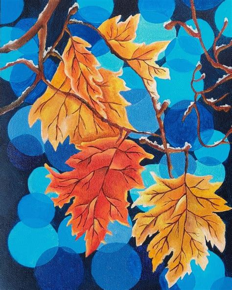Autumn Leaves And Snow In Acrylic Painting Autumn Leaves Art