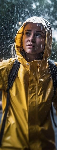 premium ai image a woman wearing a yellow raincoat and a hood
