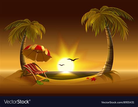 Evening Beach Sea Sun Palm Trees And Sand Vector Image