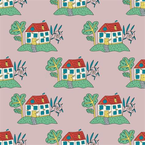 Cute Seamless Pattern With Hand Drawn Doodle Houses And Gardens Stock