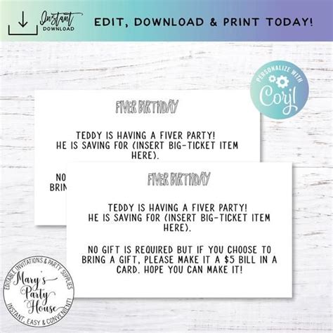 EDITABLE Fiver Birthday Fiver Invitation Insert Birthday | Etsy | Kids