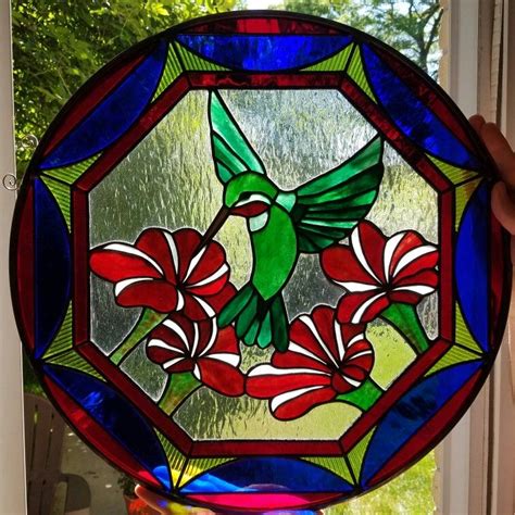 Stained Glass Hummingbird With Petunias By Michelle Carlson