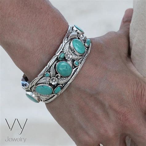 Turquoise Leaves 925 Sterling Silver Women Cuff Bracelet