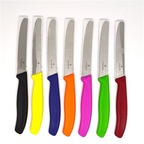 6 x victorinox serrated pistol grip steak tomato sausage knife colourful 11cm. Victorinox Round Tip 11cm Serrated Steak, Sausage, and ...