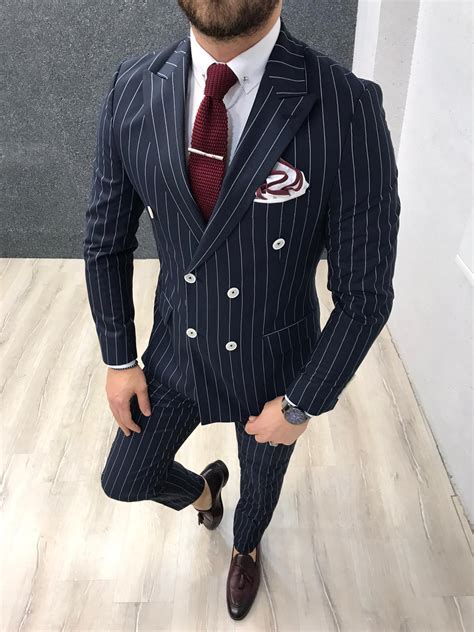 Buy Blue Slim Fit Double Breasted Pinstripe Suit By GentWith Com