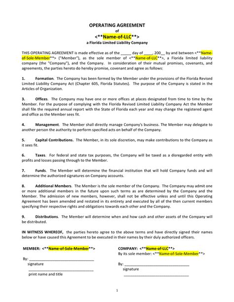 Llc Operating Agreement Template Florida In Word And Pdf Formats