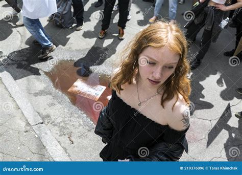 Kyiv Ukraine May Girl Near A Pool Of Blood On A Protest