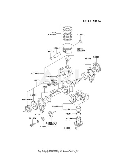 Wrist pin act as a bearing and connecting rod can move like pendulum. Kawasaki FE350D-BS01 4 Stroke Engine FE350D Parts Diagram for PISTON/CRANKSHAFT