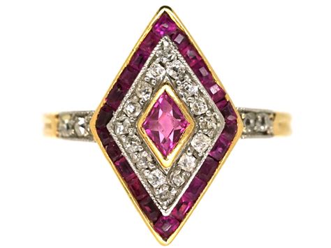 Art Deco 18ct Gold And Platinum Ruby And Diamond Diamond Shaped Ring
