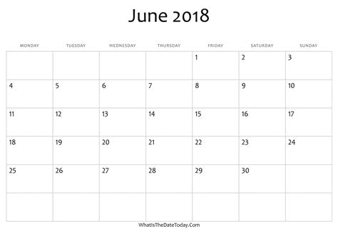 Blank June Calendar 2018 Editable Whatisthedatetodaycom