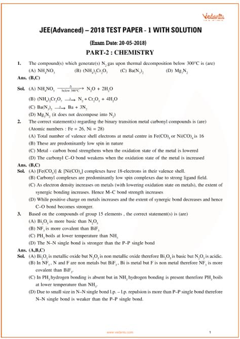 Jee Advanced 2018 Chemistry Question Paper 1 With Answer Keys Free