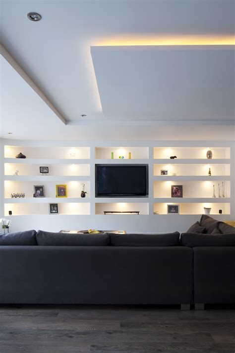 Living Room Open Plan Seating Feature Built In Wall Shelving