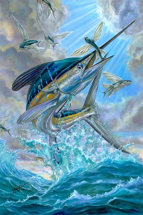 Jumping White Marlin And Flying Fish Painting By Terry Fox Fine Art
