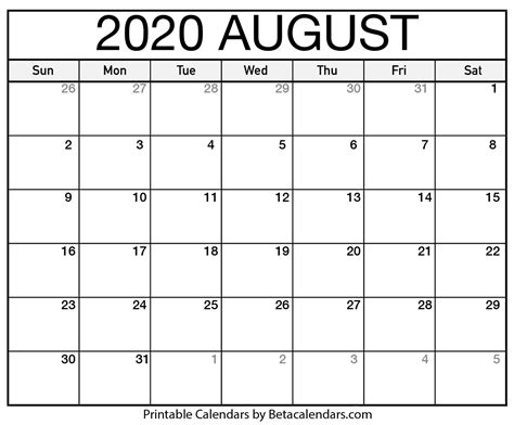 Printable August 2020 Calendar Beta Calendars