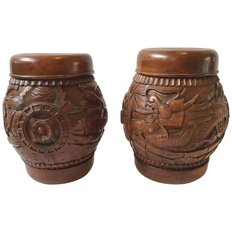 Large Pair Of Asian Carved Wood Dragon Urns For Sale At 1stdibs