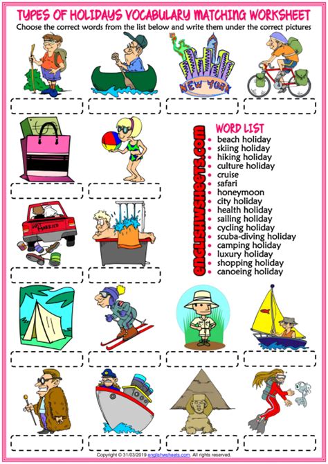 Holiday Types Esl Matching Exercise Worksheet For Kids