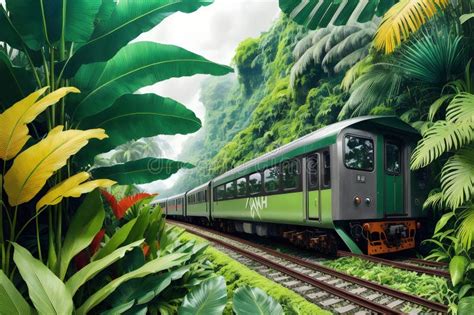 Train Traveling Through The Lush Green Forest Jungle Fanstasy Tropical