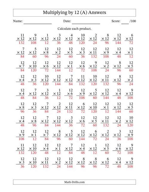 Multiplying 1 To 12 By 12 100 Questions A