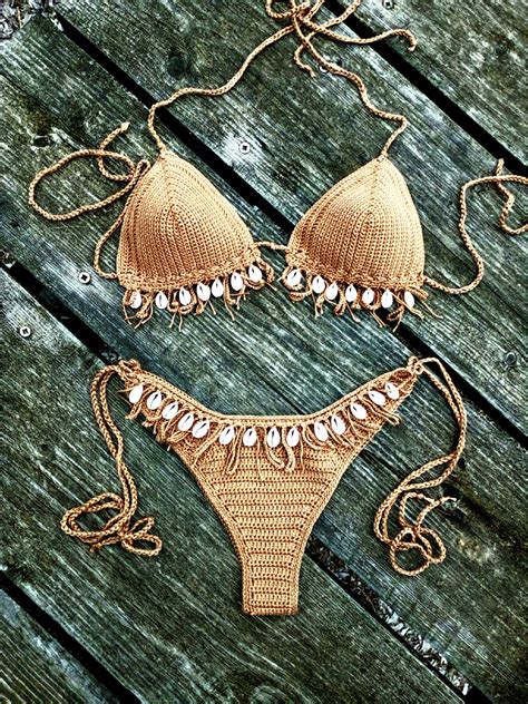 Haak Bikini Set Tan Bruine Bikini Met Cowrie Sea Shells Bikini Etsy