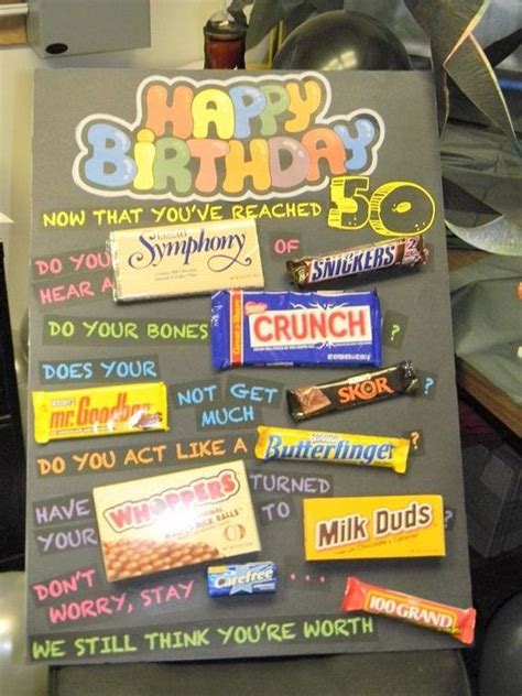 Though aging can be a stressful process, it doesn't have to be! Candy Bar Poster Ideas with Clever Sayings | 50th birthday ...