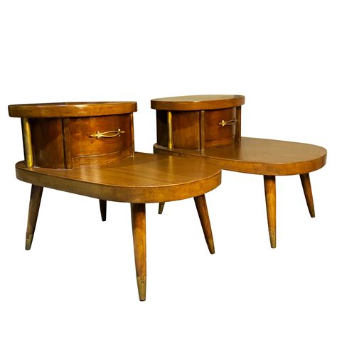 Mid Century Modern Walnut Oval Side End Table With Serpentine Drawer