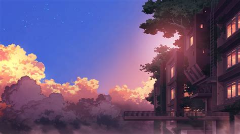 Anime Landscape Building Sunset Clouds Scenic Scenery Anime City