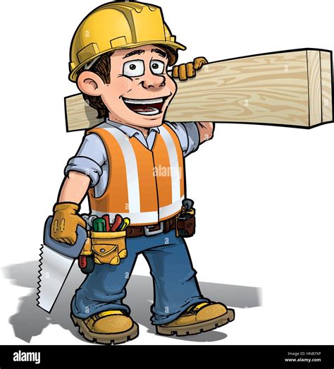 Cartoon Illustration Of A Construction Worker Carpenter Carrying