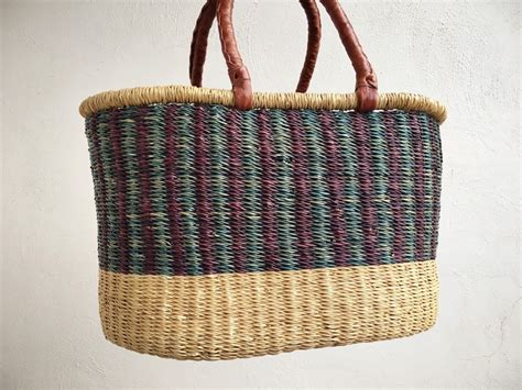 Vintage Sisal Straw Tote With Leather Handles Big Bohemian Tote Hippie