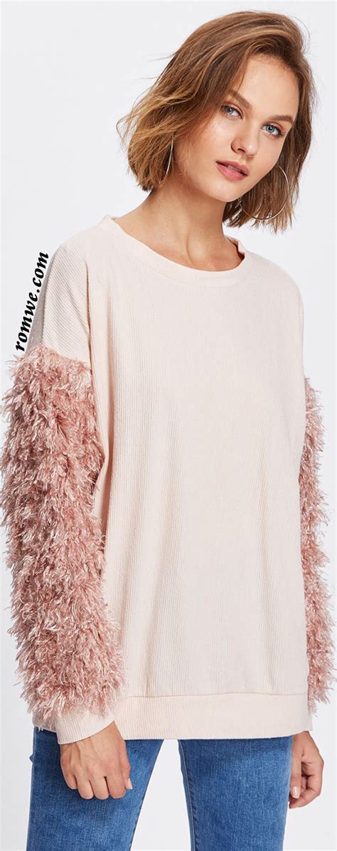 Contrast Faux Fur Sleeve Ribbed Knit Sweatshirt Fashion Knit
