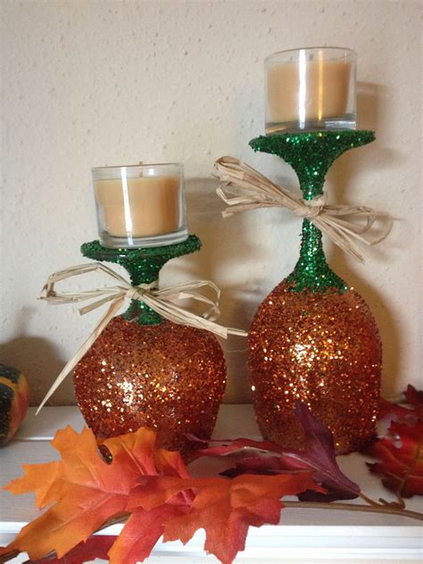 Glittered Pumpkin Wine Glass And Snifter Using Old Stemware Glitter Glue And A… Wine Glass