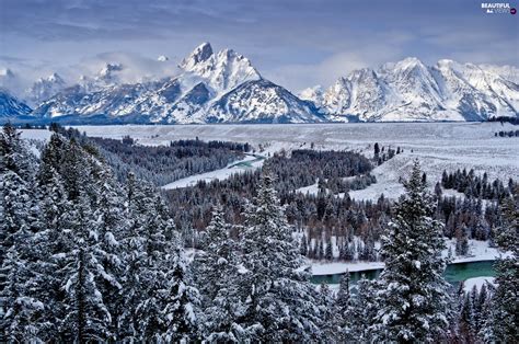 Trees Viewes Mountains River Winter Beautiful Views Wallpapers