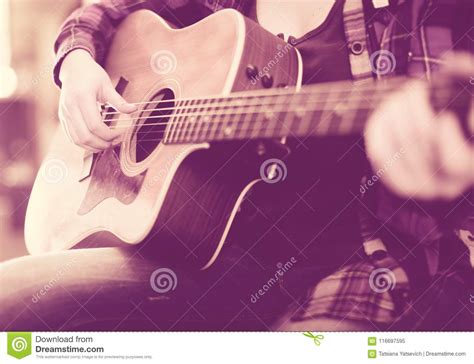 Girl Holding Guitar Focus On Strings Of Guitar Stock Image Image Of