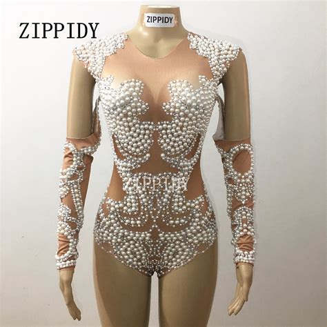 Sparkly Crystals Pearls Nude Sexy Bodysuit Glisten Rhinestones One Piece Stretch Costume