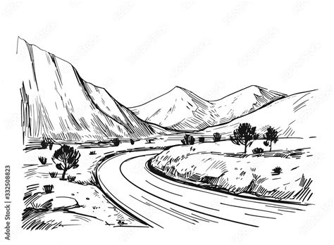 Sketch Of A Road And Mountains Outdoor Landscape Hand Drawn