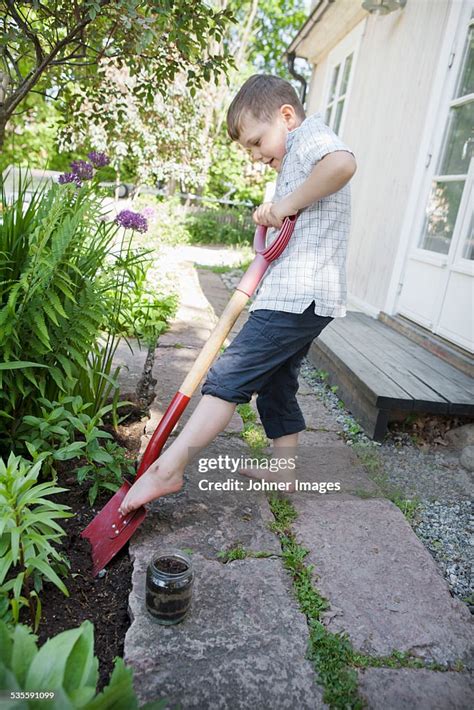 Boy Digging In Garden High Res Stock Photo Getty Images