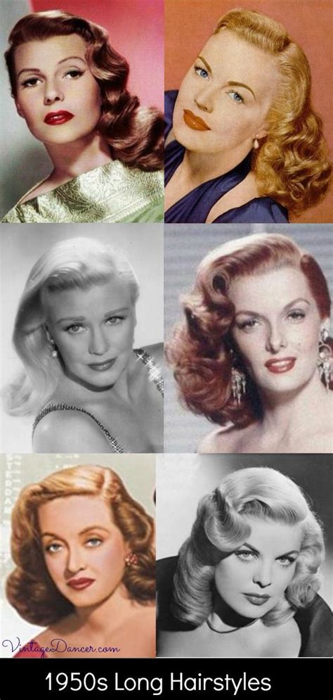 1950s long hairstyles, curly hair, movie stars, day and evening 50s